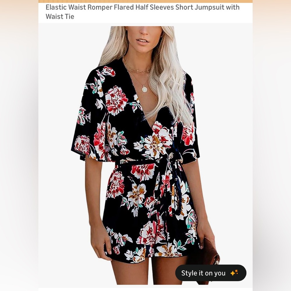 Black Floral Wrap Romper with Waist Tie